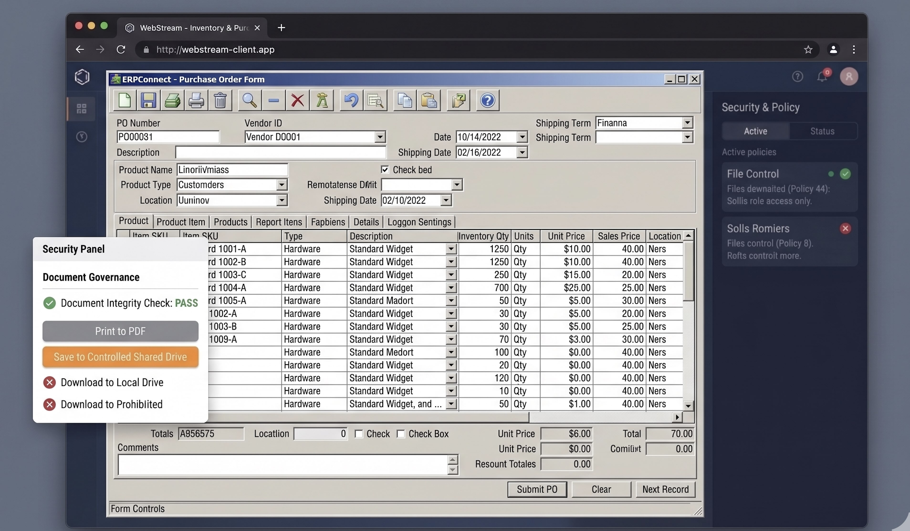 Legacy ERP purchase order form delivered in the browser with WebStream document governance, file, and print policy controls
