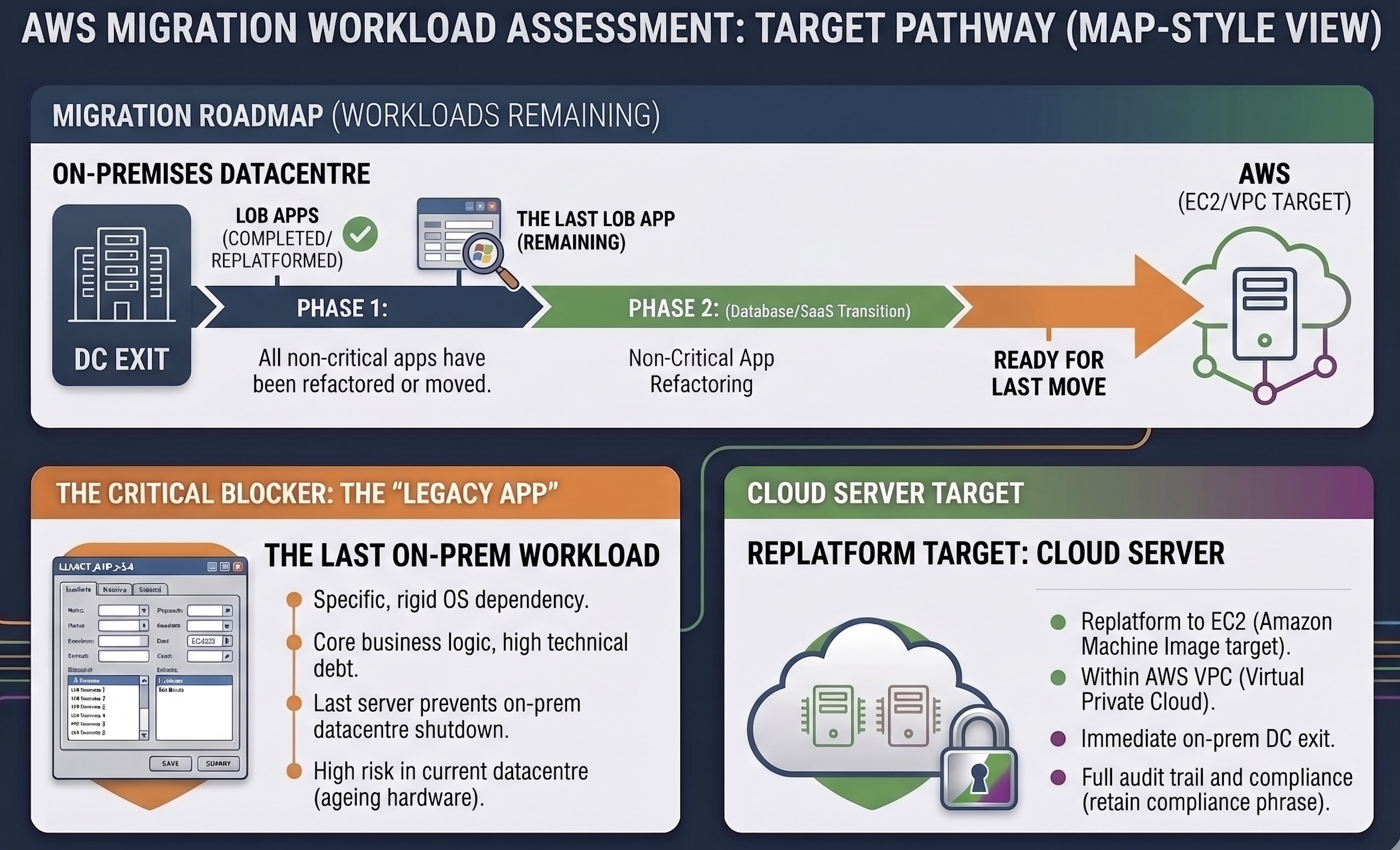 AWS migration workload assessment showing the last on-premises LOB application pathway to EC2 in a VPC