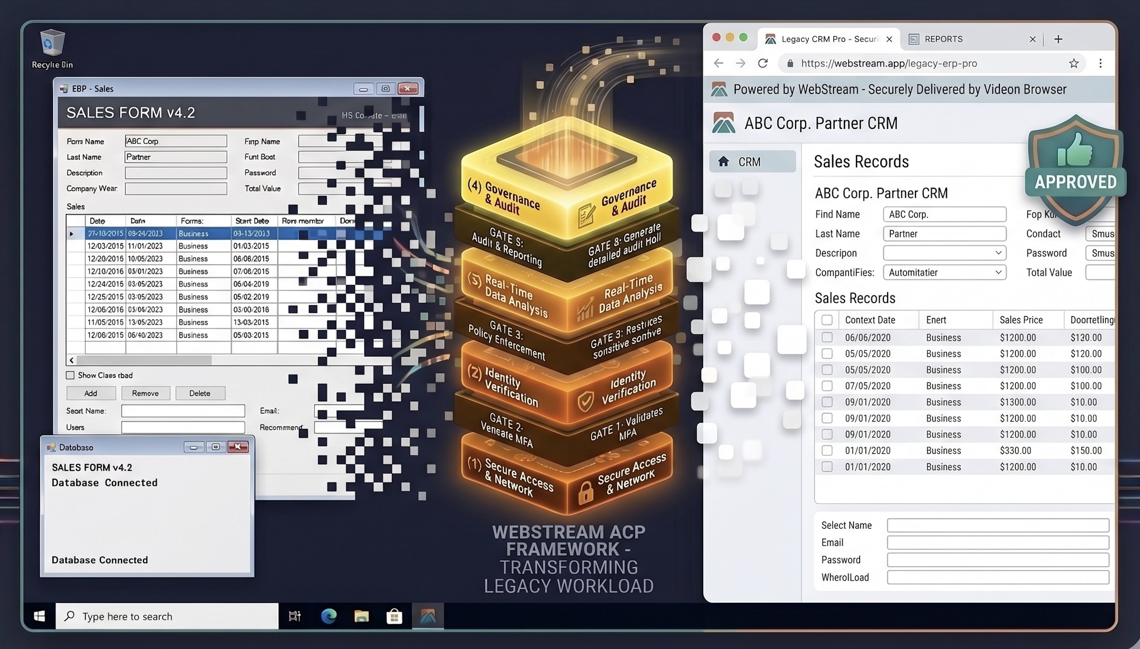 WebStream ACP framework transforming a legacy Windows application through secure access, identity, governance, and audit layers into a browser-delivered experience